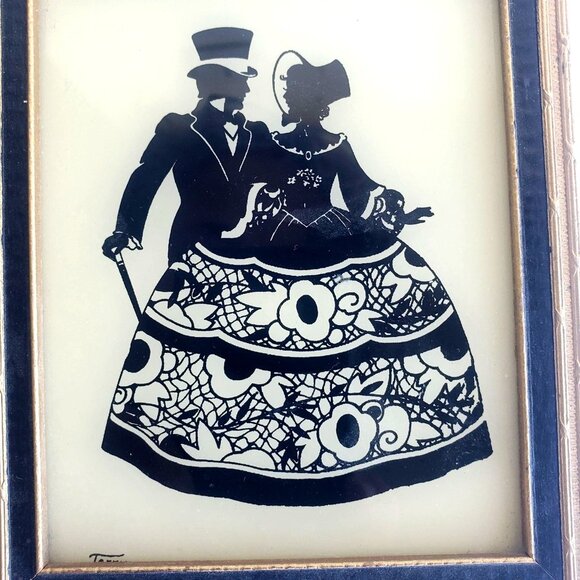 Vintage Silhouette Framed "Colonial Courtship" Reverse Painted Glass Art Decor - Picture 5 of 7